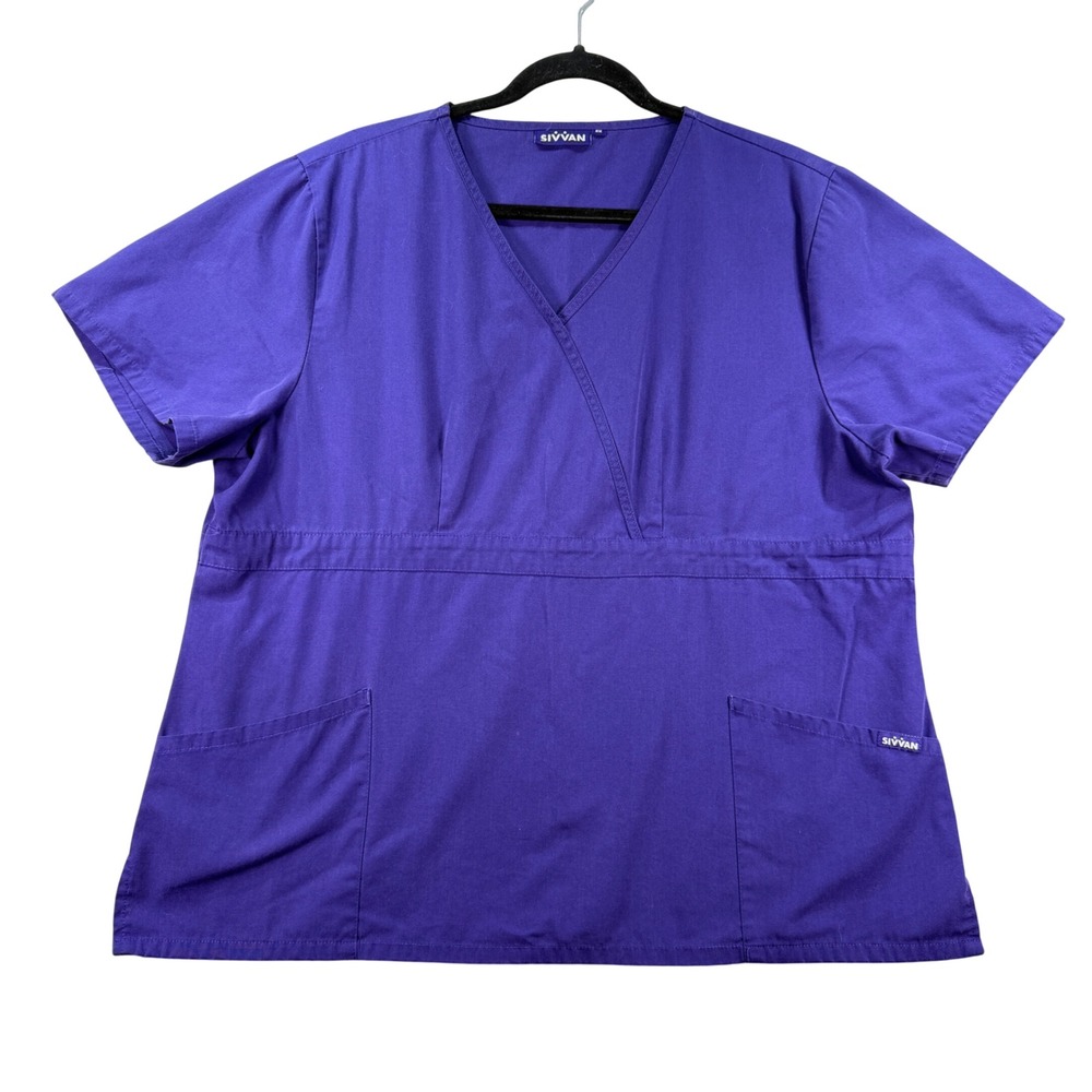 Sivvan Scrub Top‎ Mock Wrap V-Neck 2X Purple Empire Waist Medical Uniform